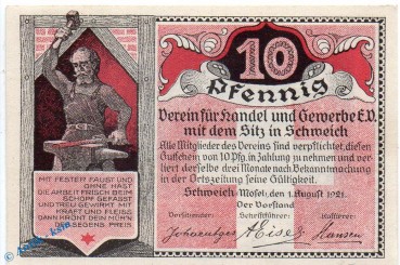 Notgeld Schweich , 10 Pfennig Schein in kfr. Mehl Grabowski 1209.4 , von 1921 , Rheinland Pfalz Seriennotgeld