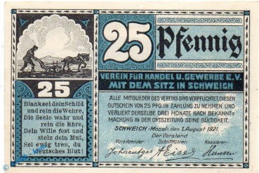 Notgeld Schweich , 25 Pfennig Schein in kfr. Mehl Grabowski 1209.4 , von 1921 , Rheinland Pfalz Seriennotgeld