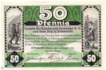 Notgeld Schweich , 50 Pfennig Schein in kfr. Mehl Grabowski 1209.4 , von 1921 , Rheinland Pfalz Seriennotgeld