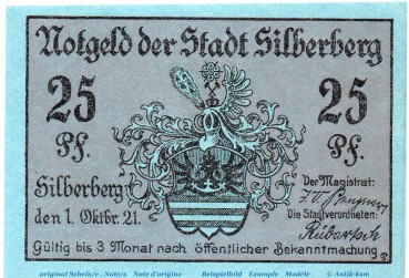 Notgeld Silberberg , 25 Pfennig Schein , Mehl Grabowski 1228.2 , von 1921 , Schlesien Seriennotgeld