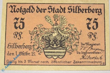 Notgeld Silberberg , 75 Pfennig Schein , Mehl Grabowski 1228.2 , von 1921 , Schlesien Seriennotgeld