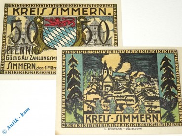Notgeld Simmern , Set mit 2 Scheinen , Tieste 6925.05.20 und 21 , von 1921 , Rheinland Verkehrsausgabe