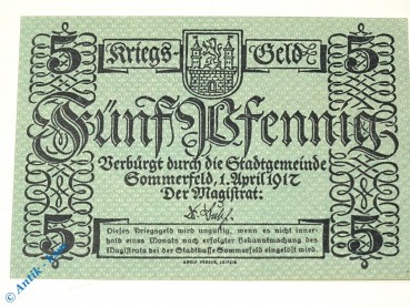 Notgeld Sommerfeld , 5 Pfennig Schein , Tieste 6970.05.05 , von 1917 , Brandenburg Verkehrsausgabe