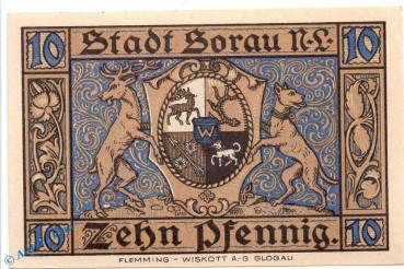 Notgeld Sorau , 10 Pfennig Schein in kfr. Mehl Grabowski 1247.1 a , von 1921 , Brandenburg Seriennotgeld