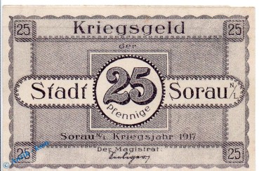 Notgeld Sorau , 25 Pfennig Schein in kfr. Tieste 6995.05.03 , von 1919 , Brandenburg Verkehrsausgabe