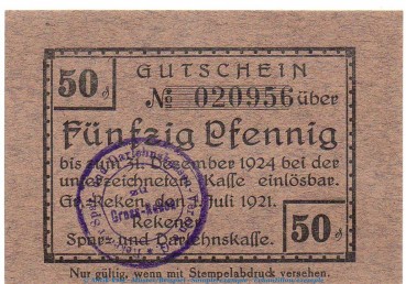 Notgeld Sparkasse Gr. Reken 2580.05.25 , 50 Pfennig o.Wz. in kfr. von 1921 , Westfalen Verkehrsausgabe