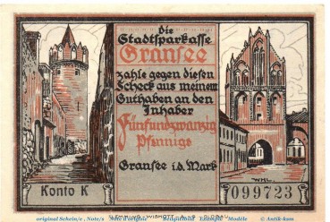 Preview: Notgeld Sparkasse Gransee 465.2.a , 25 Pfennig Schein mit Wz in kfr. o.D.  Brandenburg Seriennotgeld