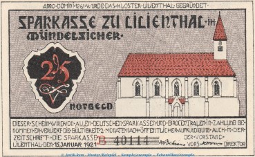 Notgeld Sparkasse Lilienthal 802.4 , 25 Pfennig Schein Serie B in kfr. von 1921 , Niedersachsen Seriennotgeld