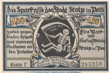 Notgeld Sparkasse Stolp 1275.4.a , 1,50 Mark Schein --mit Wz-- in kfr. o.D. Pommern Seriennotgeld
