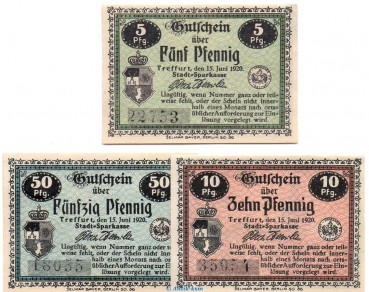 Notgeld Sparkasse Treffurt , Set mit 3 Scheinen in kfr. Tieste 7415.05.20 bis 22 , von 1920 , Sachsen Verkehrsausgabe