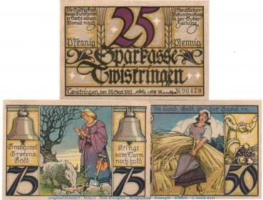 Notgeld Sparkasse Twistringen 1349.2 , Set mit 3 Scheinen in kfr. von 1921 , Niedersachsen Seriennotgeld