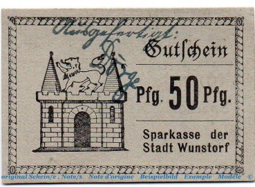 Notgeld Sparkasse Wunstorf 8145.15.13 , 50 Pfennig Schein in kfr. o.D. , Niedersachsen Verkehrsausgabe