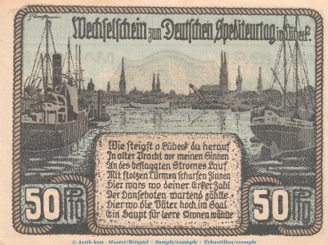 Preview: Notgeld Spediteurtag Lübeck 822.1 , 50 Pfennig Schein Nr.1 in kfr. von 1921 , Schleswig Holstein Seriennotgeld