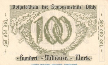 Preview: Notgeld Speyer - Kreisgemeinde Pfalz , 100 Millionen Mark Schein in kfr. Keller 4286.c von 1923 , Pfalz Inflation