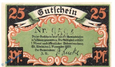 Notgeld St. Tönis , 25 Pfennig Schein Nr 3 , Mehl Grabowski 1167.1 , von 1920 , Westfalen Seriennotgeld