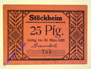 Notgeld Stöckheim , Einzelschein 25 Pfennig , Motiv - Kirche , Seriennotgeld , Niedersachsen , Mehl Grabowski 1272.2 , von 1922
