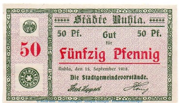 Notgeld Städte Ruhla 6300.05.11 , 50 Pfennig Frontdienst in kfr. von 1918 , Thüringen Verkehrsausgabe