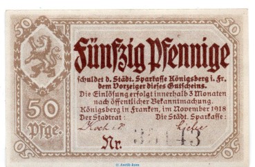 Notgeld Städtischen Sparkasse Königsberg Fr. 3585.05.05 , 50 Pfennig Schein in kfr. von 1918 , Sachsen Verkehrsausgabe