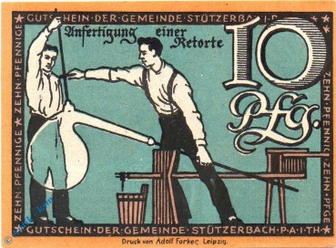 Notgeld Stützerbach , 10 Pfennig Schein , Mehl Grabowski 1286.1 a , von 1921 , Thüringen Seriennotgeld