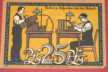 Notgeld Stützerbach , 25 Pfennig Schein 1 , Mehl Grabowski 1286.1 a , von 1921 , Thüringen Seriennotgeld