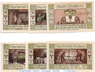 Notgeld Staßfurt , Set mit 6 Scheinen in kfr. Mehl Grabowski 1256.2.b , von 1921 , Sachsen Anhalt Seriennotgeld