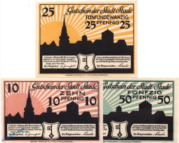 Notgeld Stade , Set mit 3 Scheinen in kfr. Tieste 7040.05.10-12 , von 1920 , Niedersachsen Verkehrsausgabe