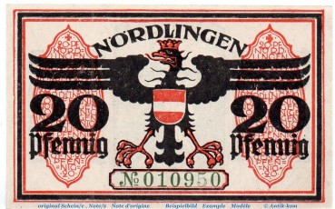 Preview: Notgeld Stadt  Nördlingen 978.1.d , 20 Pfennig Schein Nr 4 in kfr. von 1918 , Bayern Seriennotgeld