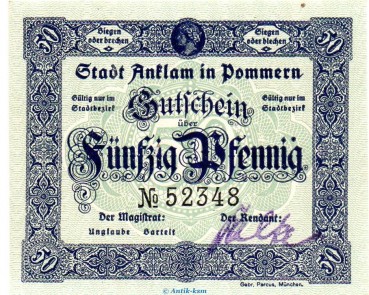 Notgeld Stadt Anklam 0140.10.30 , 50 Pfennig Schein in kfr. o.D. Pommern Verkehrsausgabe