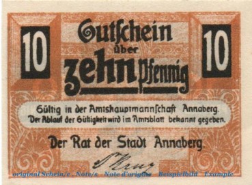 Notgeld Stadt Annaberg 0145.15.16 , 10 Pfennig Schein in kfr. o.D. , Sachsen Verkehrsausgabe