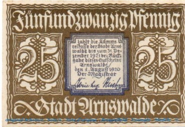 Notgeld Stadt Arnswalde 0205.05.30 , 25 Pfennig Schein in kfr. , von 1920 , Brandenburg Verkehrsausgabe