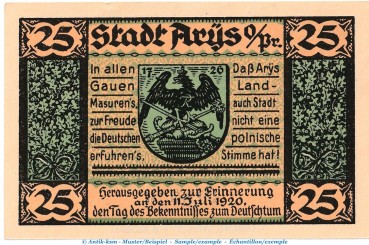 Notgeld Stadt Arys 47.1 , 25 Pfennig Schein in kfr. von 1921 , Ostpreussen Seriennotgeld