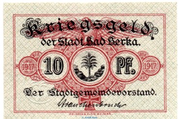 Notgeld Stadt Bad Berka 0455.05.15 , 10 Pfennig Schein in kfr. von 1917,  Sachsen Verkehrsausgabe