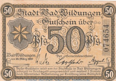 Notgeld Stadt Bad Wildungen , 50 Pfennig Schein in kfr. Tieste 7935.05.22 von 1920 , Hessen Verkehrsausgabe