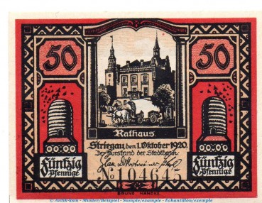 Notgeld Stadtbank Striegau 7205.10.16 , 50 Pfennig Schein in kfr. von 1920 , Schlesien Verkehrsausgabe