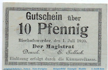 Notgeld Stadt Bischofswerder 0685.05.40 , 10 Pfennig Schein in kfr. von 1920 , Westpreussen Verkehrsausgabe