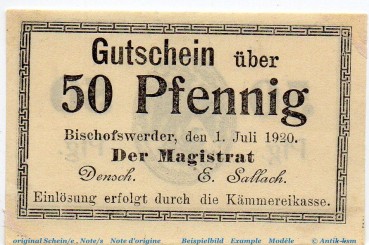 Notgeld Stadt Bischofswerder 0685.05.42 , 50 Pfennig Schein in kfr. von 1920 , Westpreussen Verkehrsausgabe