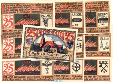Notgeld Stadt Bitterfeld 111.1 Set mit 10 x 25 Pfennig in kfr. von 1921 , Sachsen Anhalt Seriennotgeld