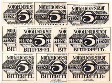 Notgeld Stadt Bitterfeld 111.1 , Set mit 10 x 5 Pfennig in kfr. von 1921 Sachsen Anhalt Seriennotgeld