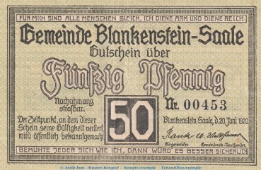 Notgeld Stadt Blankenstein , 50 Pfennig Schein in kfr. Tieste 0730.05.02 von 1920 , Thüringen Verkehrsausgabe