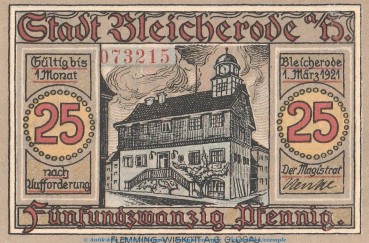 Notgeld Stadt Bleicherode 119.2 , 25 Pfennig -rote KN- in kfr. von 1921 , Seriennotgeld Thüringen