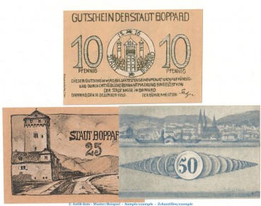 Notgeld Stadt Boppard 142.1 , Set mit 3 Scheinen in kfr. von 1920 , Rheinland Seriennotgeld
