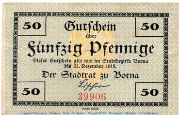 Notgeld Stadt Borna 0850.15.05 , 50 Pfennig Schein in gbr. o.D. , Sachsen Verkehrsausgabe