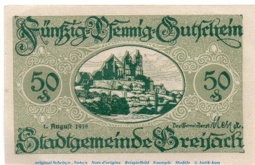Notgeld Stadt Breisach 0885.05.35 , 50 Pfennig Schein in kfr. von 1919 , Baden Verkehrsausgabe