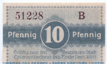 Notgeld Stadt Crimmitschau 1230.20.10 , 10 Pfennig Serie B in kfr. o.D. Sachsen Verkehrsausgabe