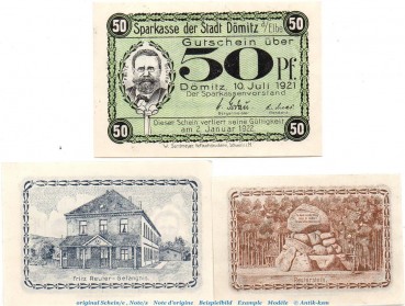 Notgeld Stadt Dömitz 278.1 , Reuter-Kopf Set mit 3 Scheinen in kfr. von 1921 , Mecklenburg Vorpommern Seriennotgeld