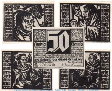 Notgeld Stadt Erfurt 344.2 , Set mit 5 Scheinen in kfr. von 1921 , Thüringen Seriennotgeld