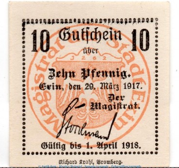 Notgeld Stadt Exin 1830.05.50 , 10 Pfennig Schein in kfr. von 1917 , Posen Verkehrsausgabe