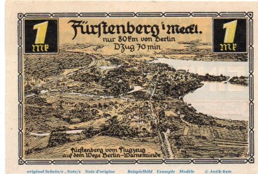 Preview: Notgeld Stadt Fürstenberg 402.11 , 1 Mark Nr 2 , WZ gelb , in kfr. von 1921 , Brandenburg Seriennotgeld