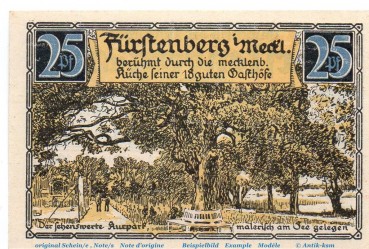 Preview: Notgeld Stadt Fürstenberg 402.11 , 25 Pfennig , WZ gelb , in kfr. von 1921 , Brandenburg Seriennotgeld