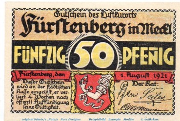 Notgeld Stadt Fürstenberg 402.11 , 50 Pfennig , WZ gelb , in kfr. von 1921 , Brandenburg Seriennotgeld